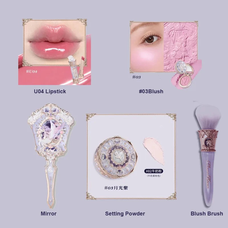 Flower Knows Knight Unicorn Makeup 5pcs Gift Set Lipstick Blush Cloud Setting Powder Lipliner Eyeshadow,Cosmetics Kit Maquillage