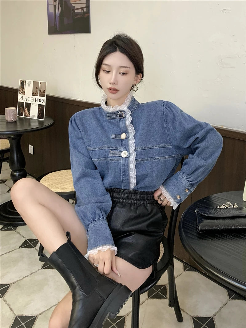 2025 Spring Lace Denim Shirt Women Fashion Patchwork Long Sleeve Blouse Female Loose Stand Collar Button Down Jean Shirts Woman