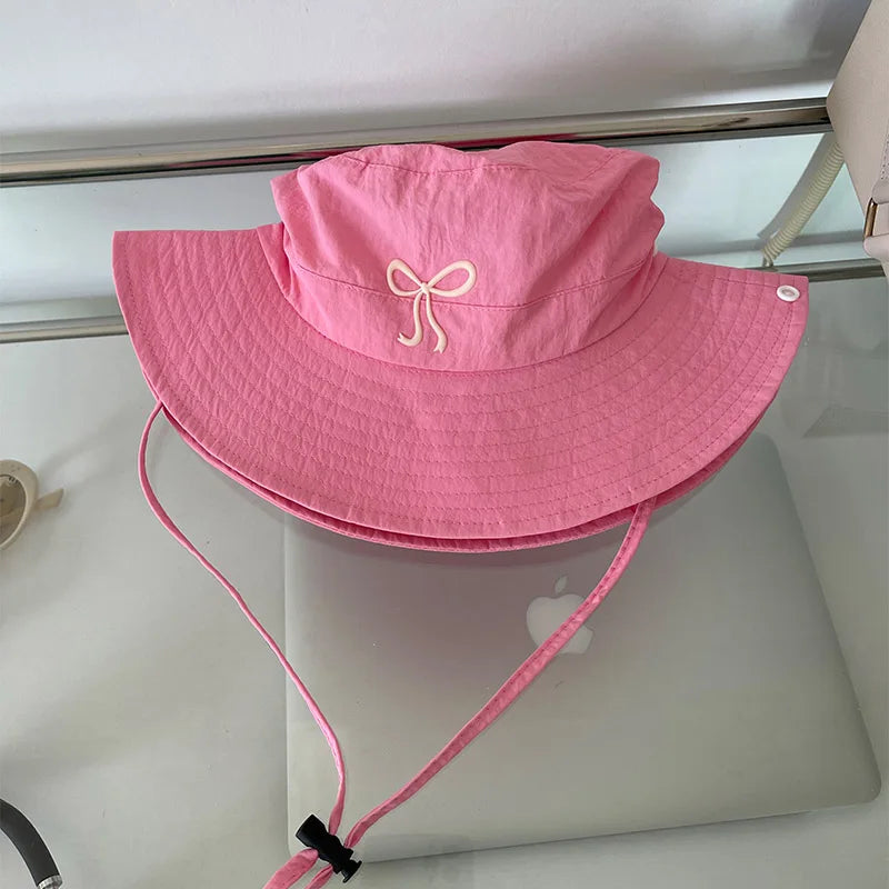 Korean Pink Bow Quick Dry Fisherman Hat Windproof Rope Women Outdoor Camping Mountaineering Hats Girl Summer Sunscreen Bowl Cap