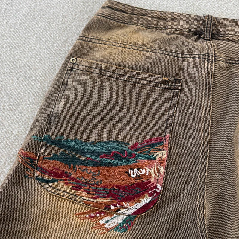 New High Quality American Retro Derchutze Denim Shorts Embroidered Patterns Men's Straight Leg Pants Stock