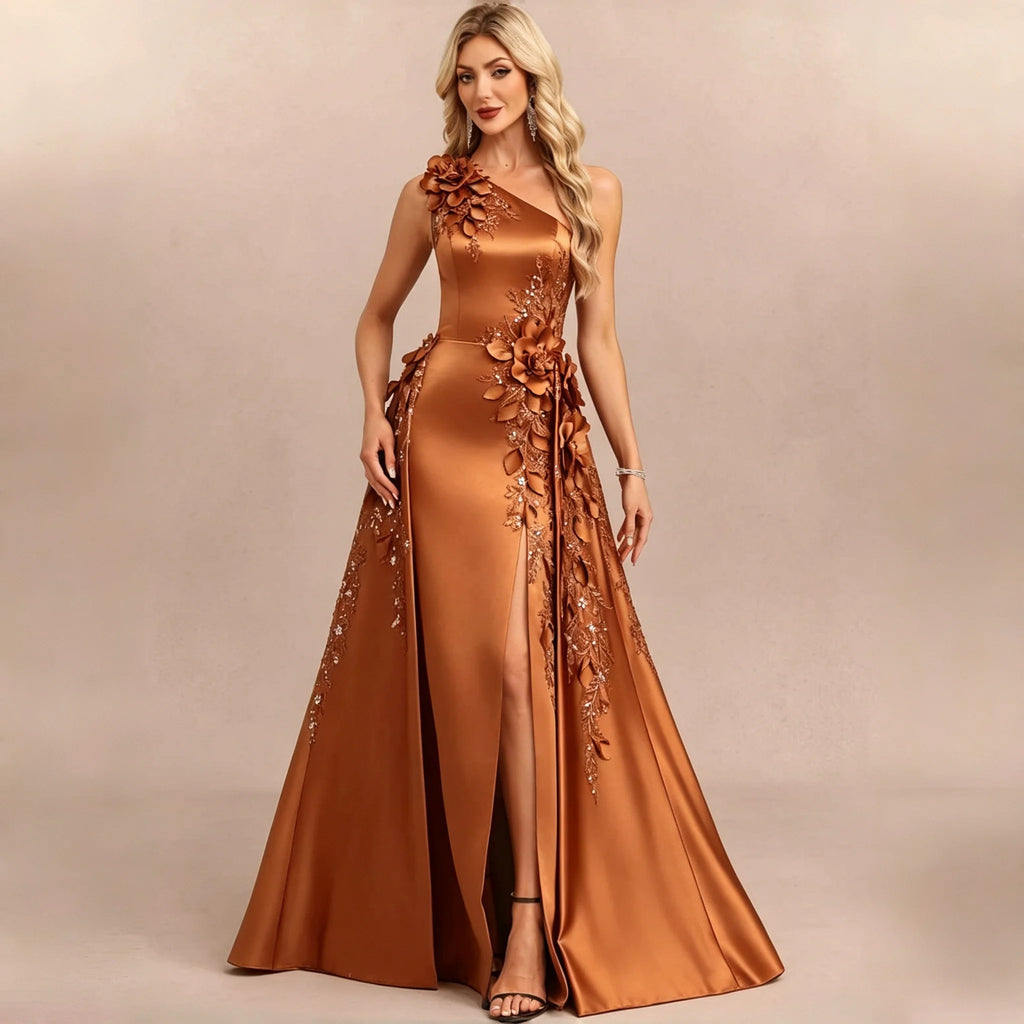 One Shoulder Satin Bridesmaid Dresses 3D Floral Applique Sequin High Slit Overskirt Formal Evening Maxi Gown Wedding Party Dress