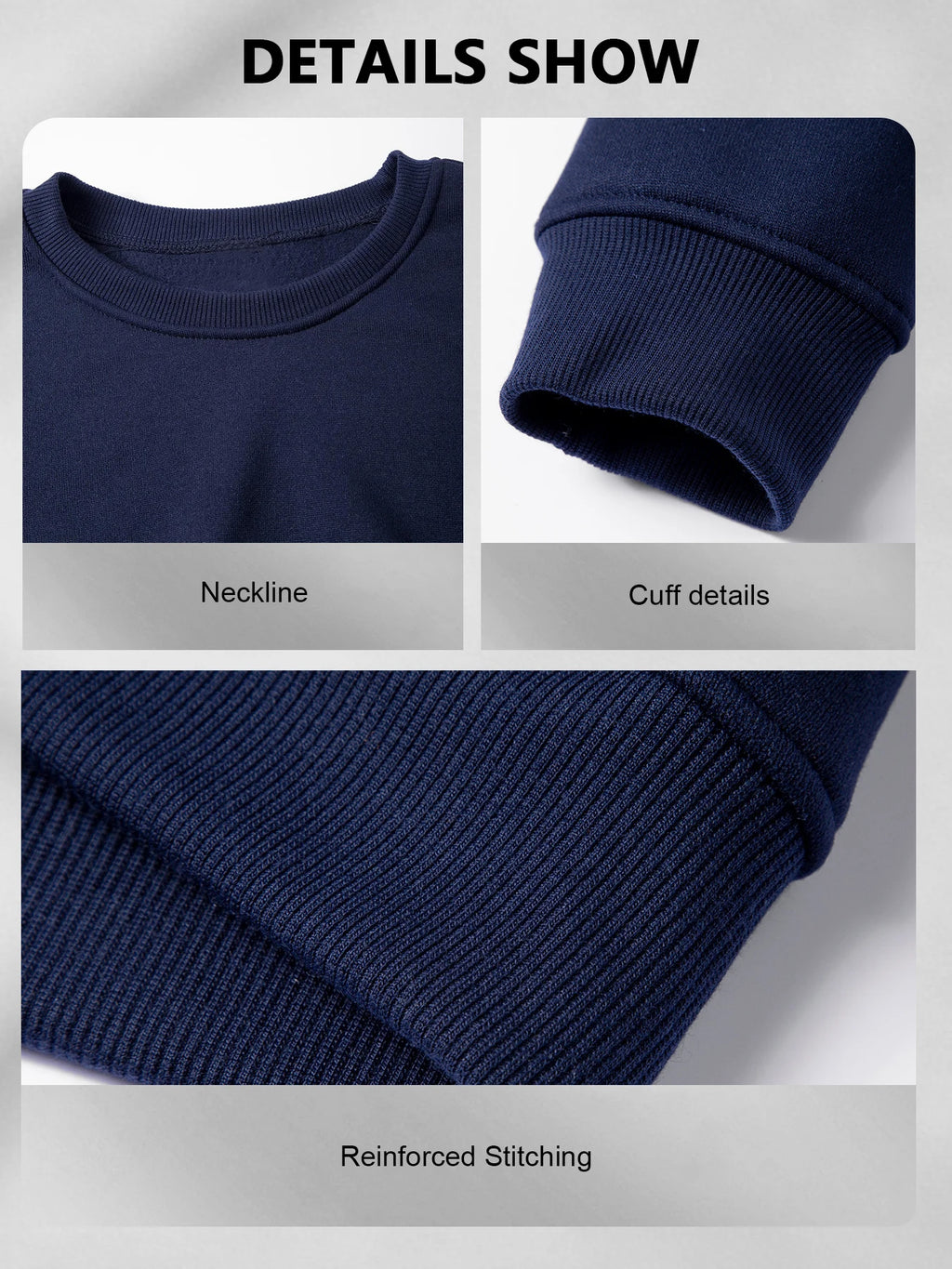 Men Solid Plain Crew Neck Sweatshirt Classic Rib Round Collar Cuffs & Hem Reinforced Waffle Stitching Soft Lightweight Wrinkle