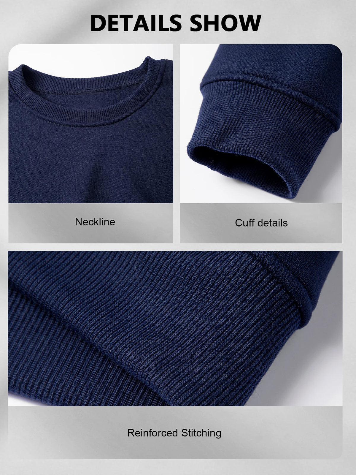 Men Solid Plain Crew Neck Sweatshirt Classic Rib Round Collar Cuffs & Hem Reinforced Waffle Stitching Soft Lightweight Wrinkle