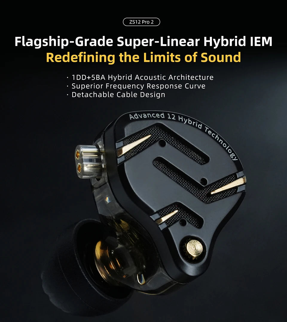 KZ ZS12 PRO 2 1DD + 5BA Hybrid HiFi In Ear Earphones Improved Bass Monitor Headphones Detachable Wire Earbuds Gaming Headest