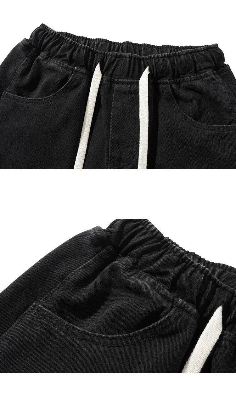 M-XXXL Men's Vintage Washed Jeans American Style Distressed Casual Denim Pants Autumn with Side Rips Drawstring Elastic Waist