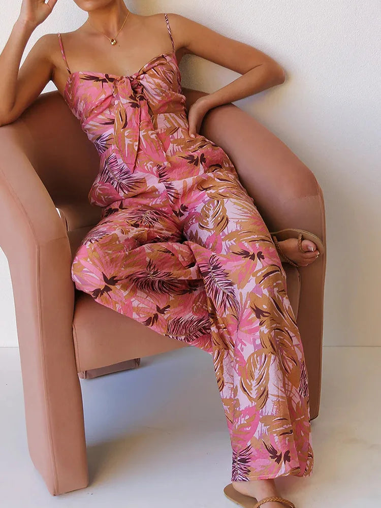 Summer Women Sleeveless Patchwork Chic Playsuits, Holiday Print Backless Jumpsuits, 2025 Wide Leg Pants Simple Ladies Bodysuits