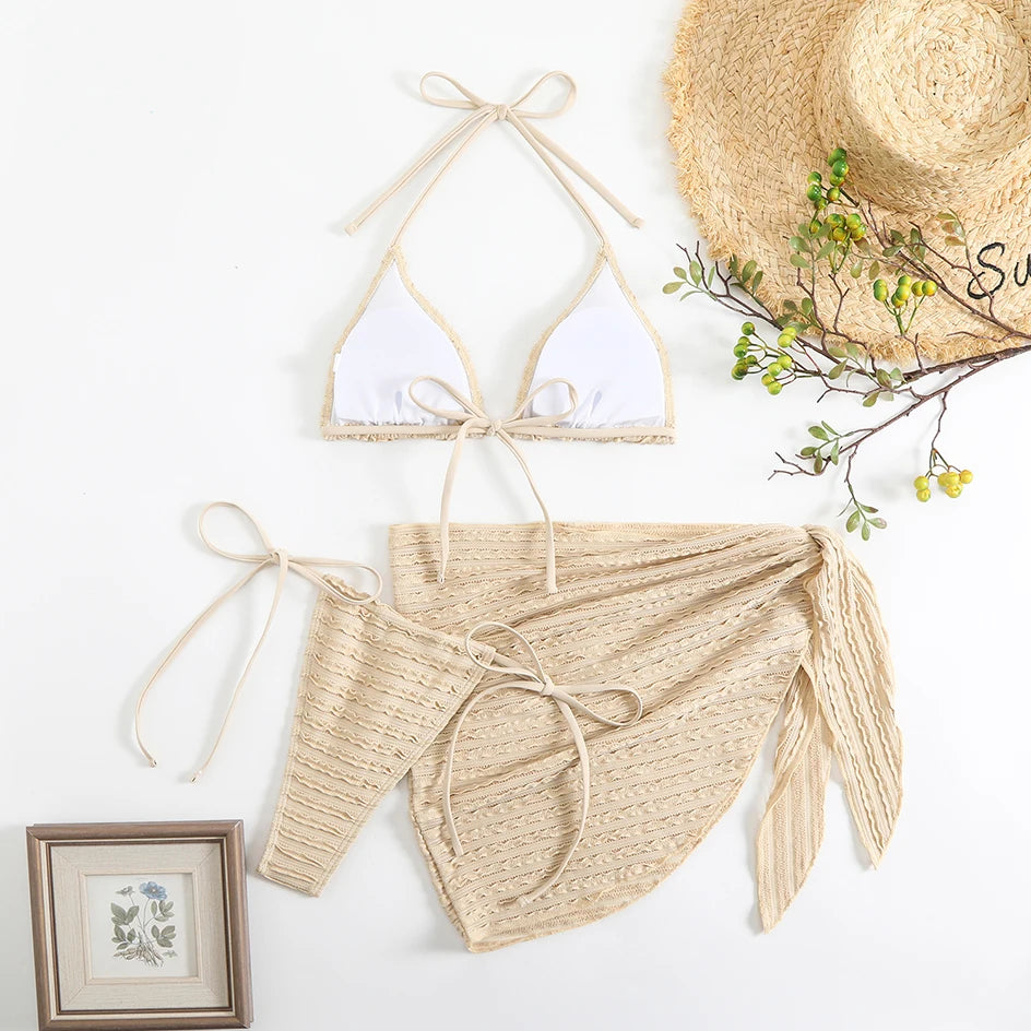 Sexy 3 Pieces Bikini Women Swimsuit 2025 Summer Halter Triangle Swimwear Bottom Bikinis Sets Beach Cover Up Female Bathing Suits
