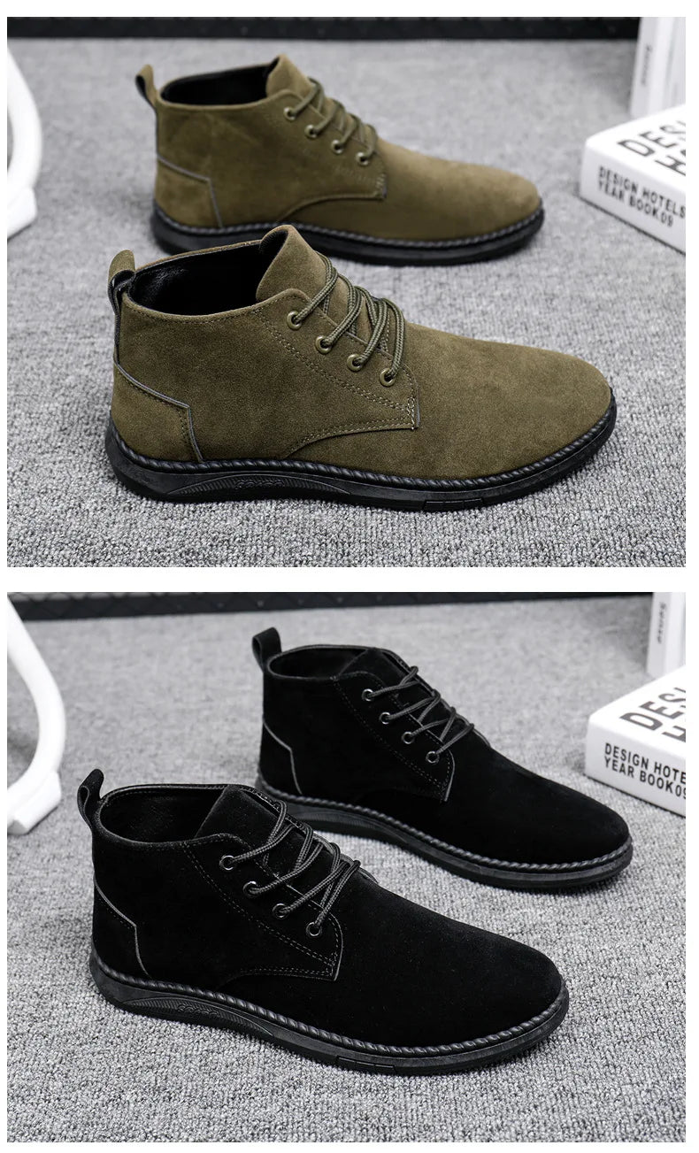High Top Casual Grey Suede Shoes Men's Lace Up Black Flat Bottom Short Boots Men's Chelsea Boots High-quality Brand Denim Boots