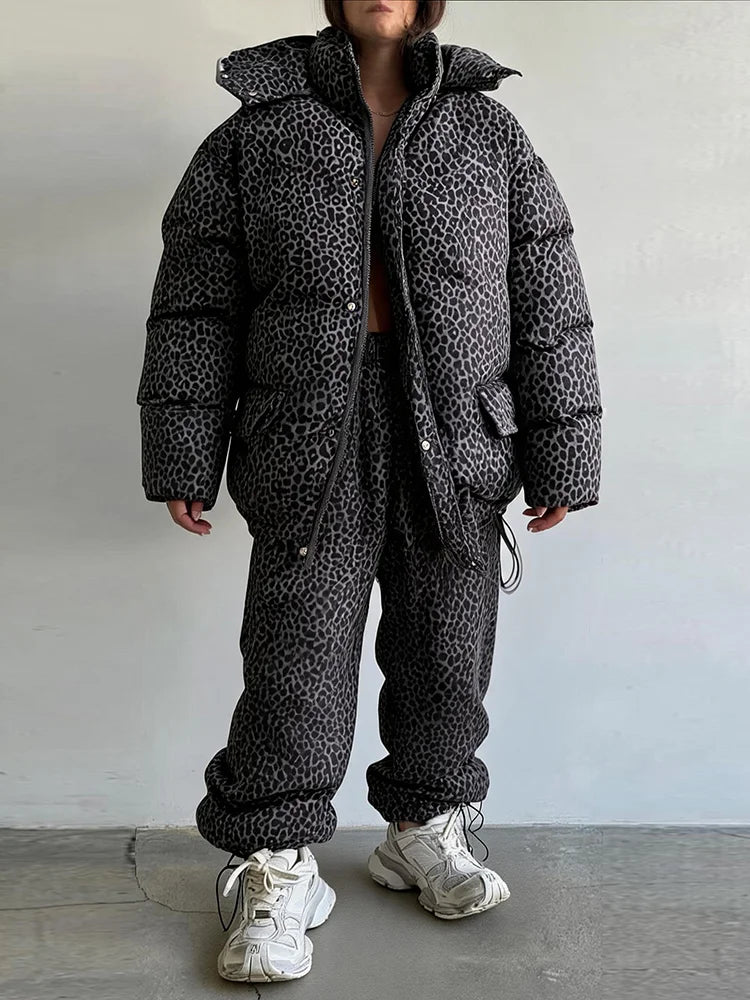 Leopard Print Women's Winter Down Jacket Pant Set Hooded Full Sleeve Zipper Jacket Elastic Waist Pants 2026 Warm Padded Coat Set