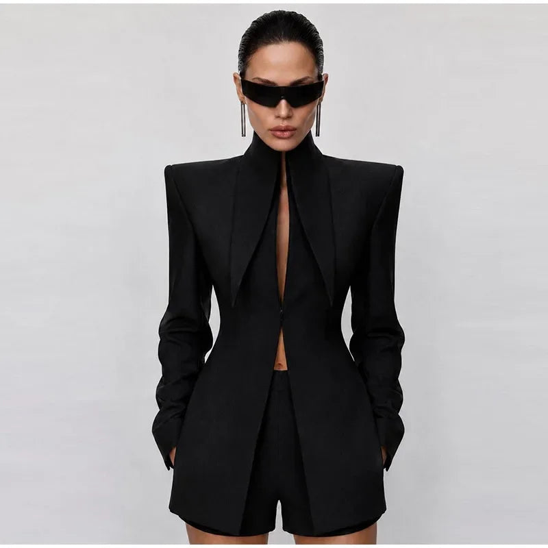 Women's Suit Shorts 2 Piece Set Long Sleeve Stand Collar Solid Coat Short Pants 2026 Summer Autumn Chic Female  Elegant Outfits