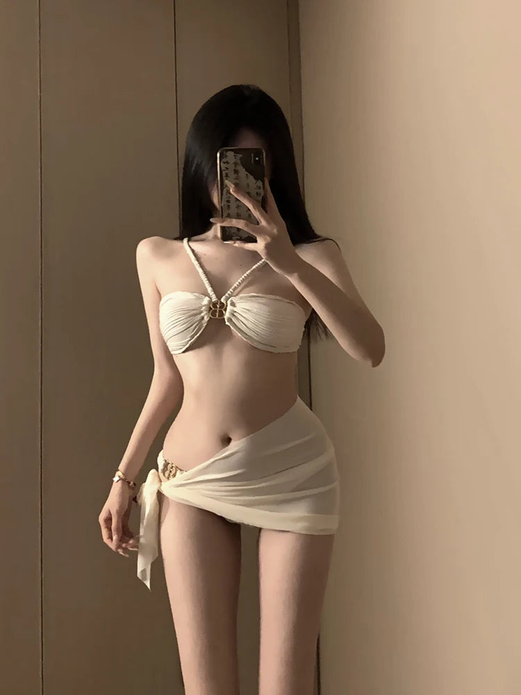 New Advanced Bikini Swimsuit Women Sexy Pure Desire Internet Famous Small Chest Slimming Tee-piece Strap Hanging Ne