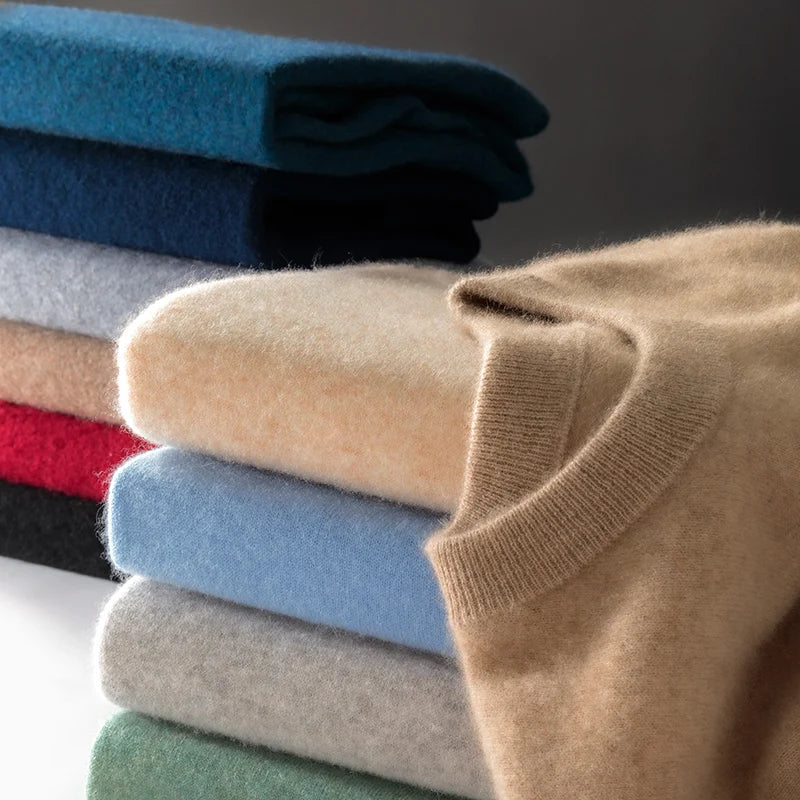 100% wool men's round neck solid color loose knit cashmere pullover for business and leisure, keeping warm in autumn and winter