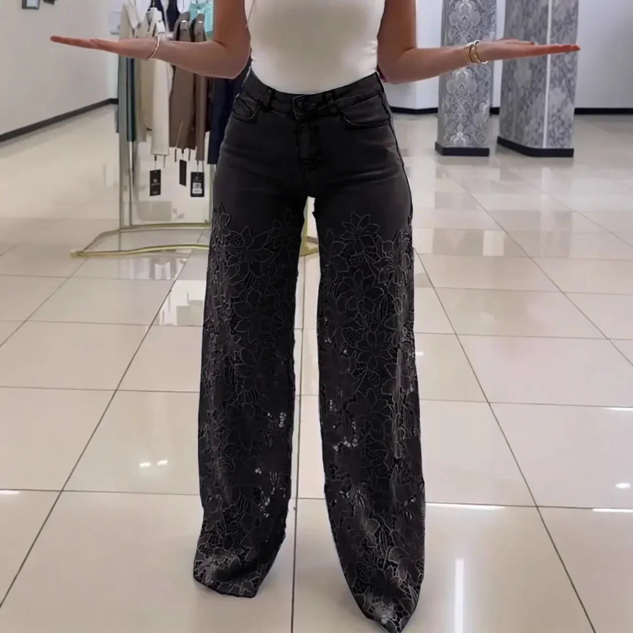 Denim Wide Leg Pants Women Jeans Lace Hollow Out High Waist Washed Distressed 2025 Straight Trousers Floor Length Streetwear