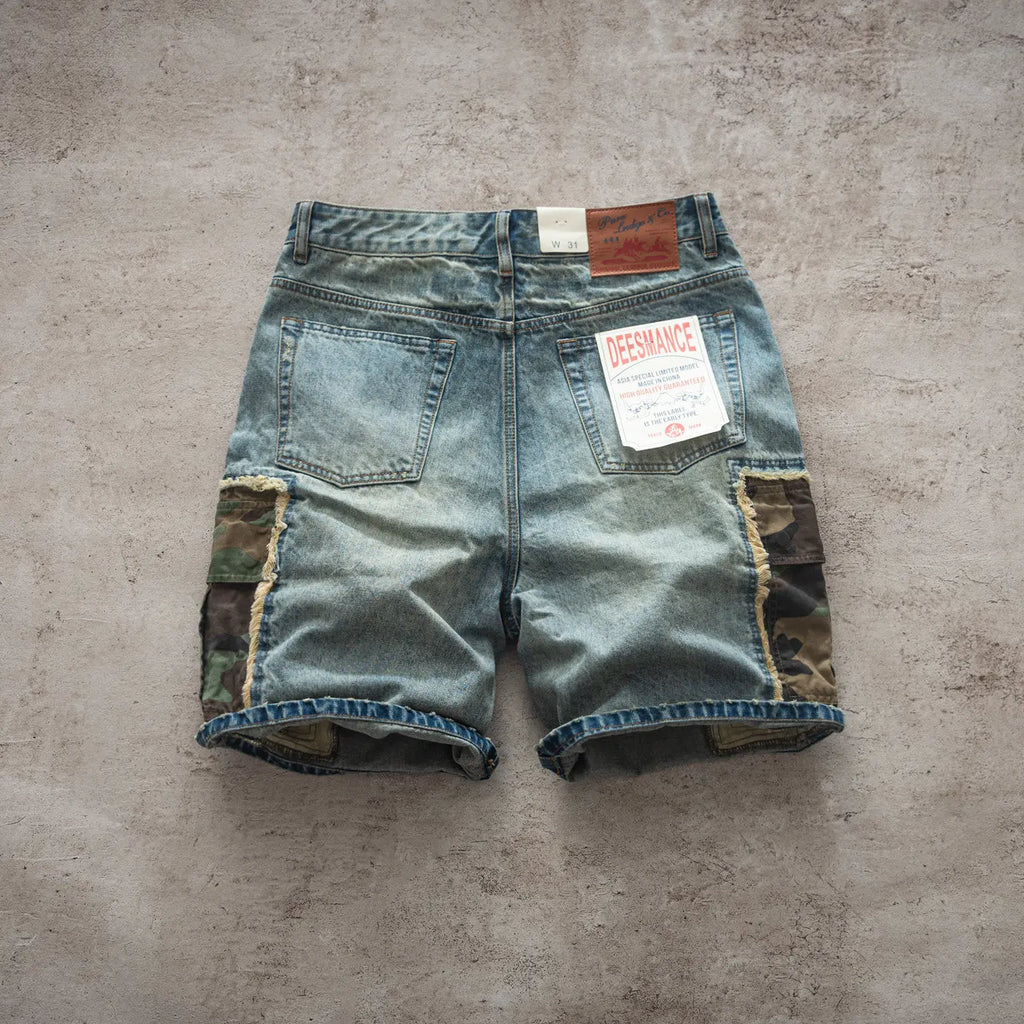 Summer New American Retro Camouflage Patch Pocket Denim Shorts Men's Fashion 88% Cotton Washed Old Straight Casual 5-point Pants