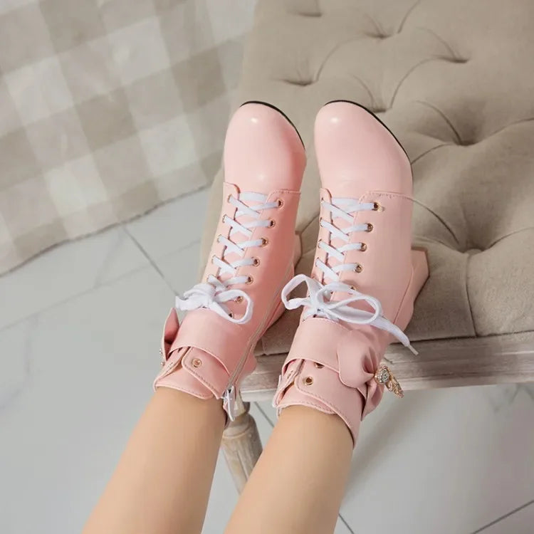Winter Fashion British Style Round Head High Heels Women Boots Black White Pink Sweet Butterfly-Knot High Heels Women Boots
