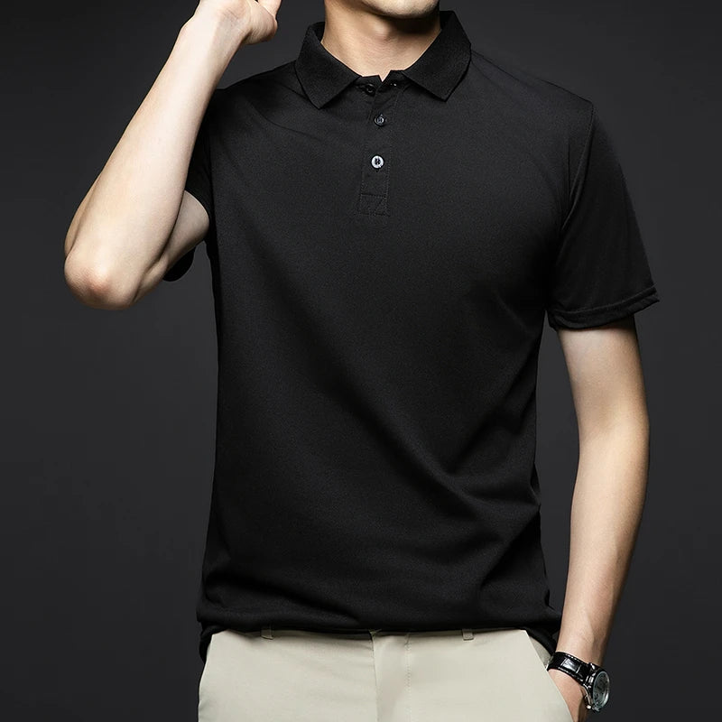Men's Fashion Solid Short Sleeved Striped Lapel Polo Shirt Summer Breathable Comfortable Top
