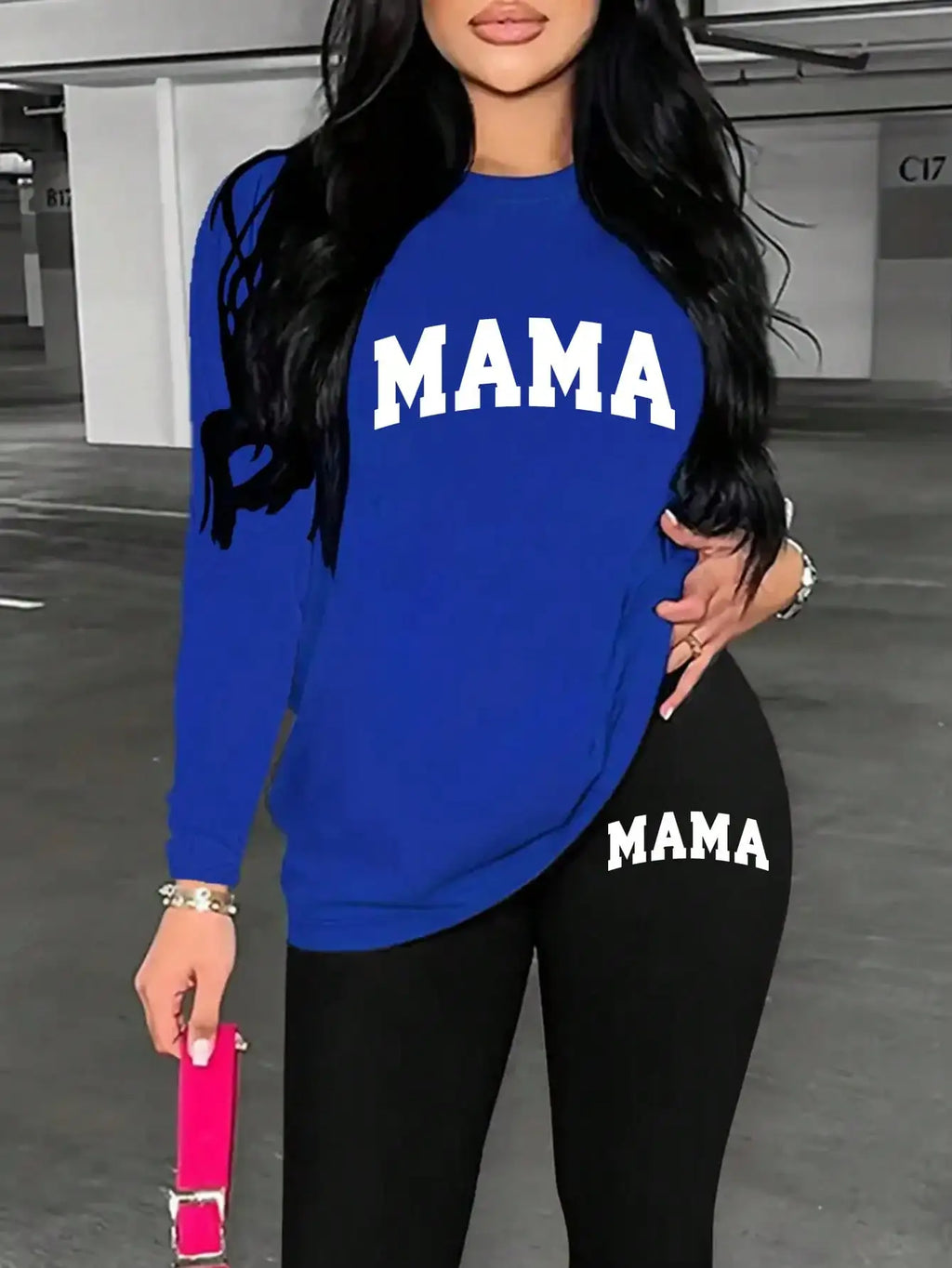 2026 Women's Casual Two Piece Set round Neck Long Sleeve Top Solid Color Printed Leg Tight Pants Outfit