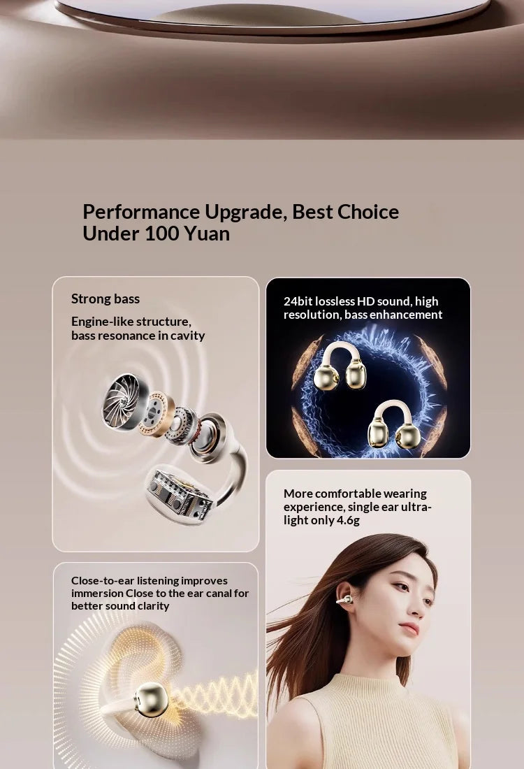 Portable Clip-on Earphones Wireless Bluetooth 5.3 Earbuds Hi-Fi Sound Super Long Battery Life Digital Display Noise Reduction