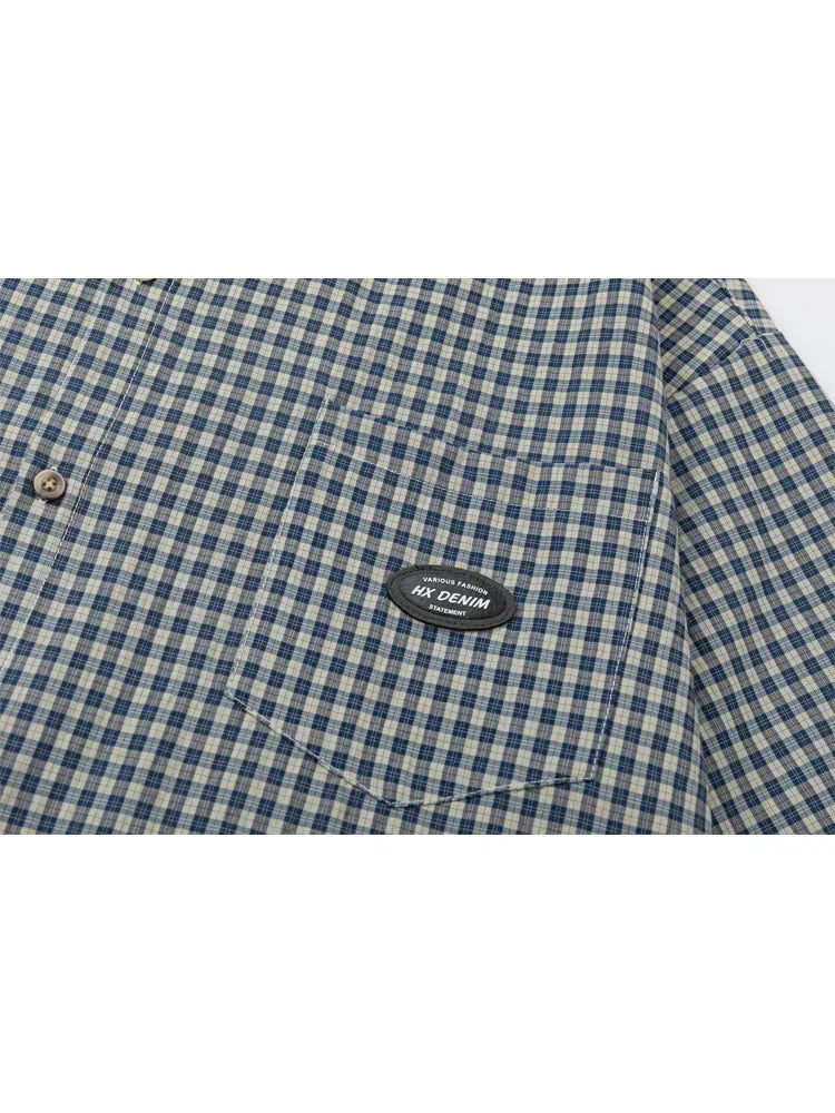 Sycpman American Style Retro Contrast Checkered Short Sleeved Shirts for Men and Women Trendy Loose Casual Shirt
