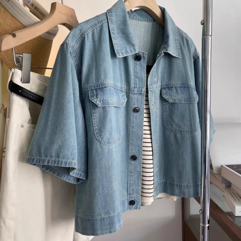 Retro Thin Casual Denim Short Sleeve Jacket Women 2025 Summer High-End Elegance Top Denim Shirt  Female