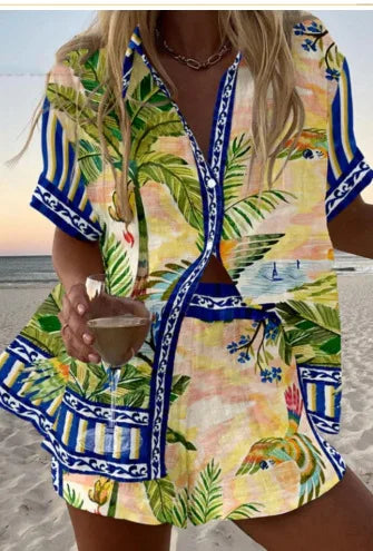 Fashion Print Beach Holiday Set For Women Summer New Short Sleeve Buttoned Shirt Wide Legs Shorts Oversized Two Piece Set