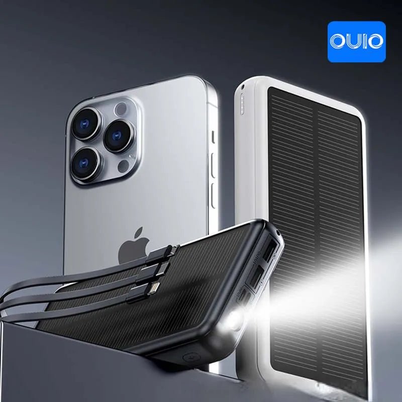 30000mAh Solar Power Bank Super Fast Charging Compact Portable Built-in 4 Cable High Capacity External Battery with Led Light