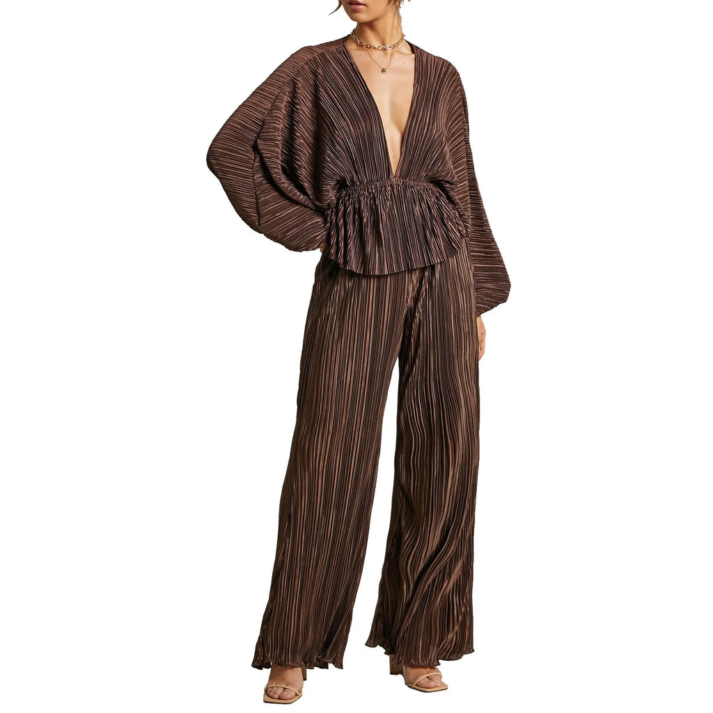 Women's Two Piece Set Deep V Neck Pleated Tops with Wide Leg Pants Stretchy Sexy Casual Outfit