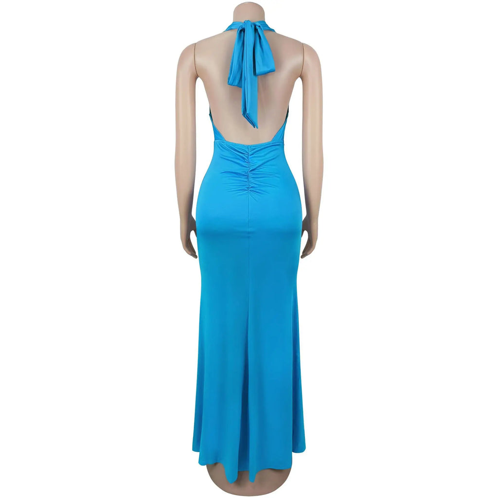 EINY Sexy Women White Halter Maxi Dress Elegant Backless Ruched Bodycon Long Gown Party Club Night Birthday Mermaid Dresses Y2K