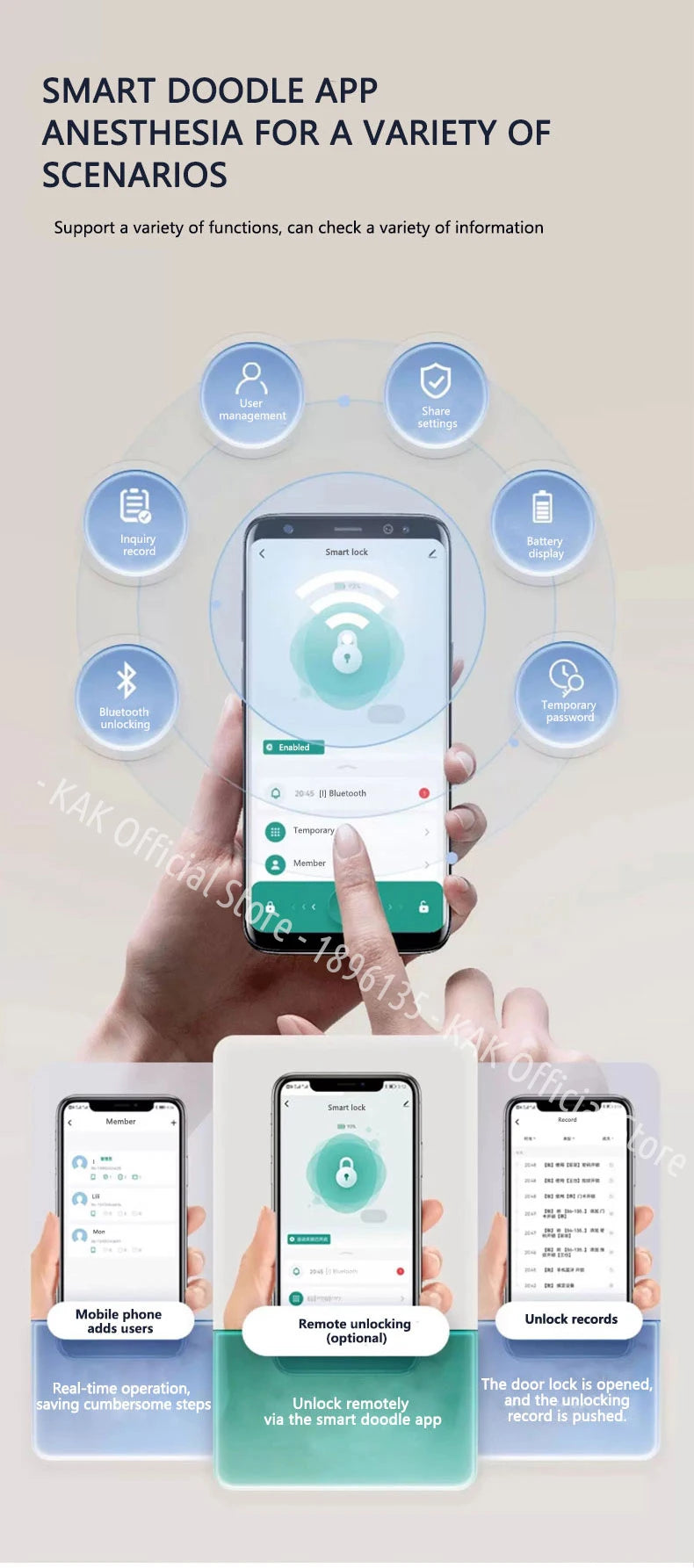 KAK Tuya APP Fingerprint Cylinder Smart Door Lock Electronic Digital Password Code Lock Keyless Remote Control Lock Hardware