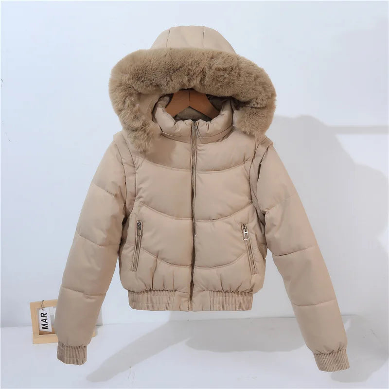 Winter Thickened Short Korean-Style Cotton-Padded Jacket with Fur Collar for Petite Women Warm Coat down Filled