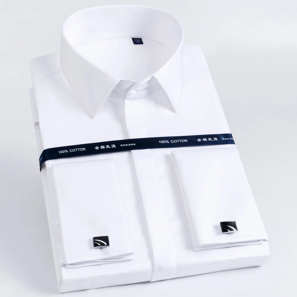 Men's 100% Cotton Iron-Free French Cuff Shirt Front Hidden Buttons Removable Collar Stays Formal Business Long Sleeve Shirts