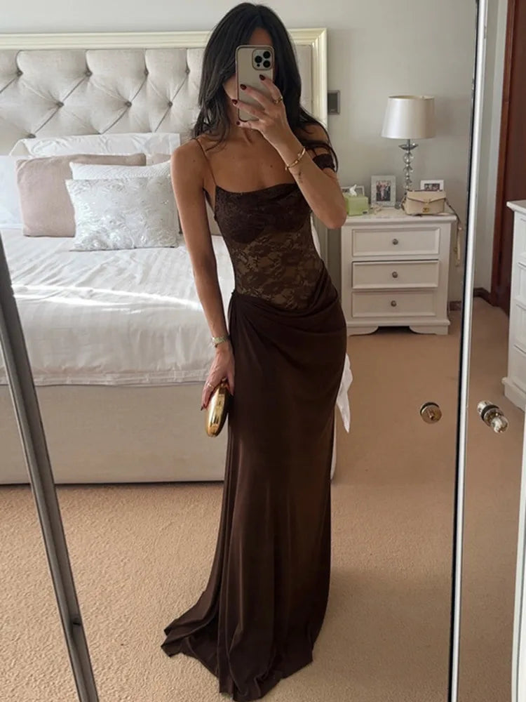Mozision One Shoulder Lace See Through Sexy Maxi Dress Women Gown Fashion Off-shoulder Sleeveless Backless Club Long Dresses