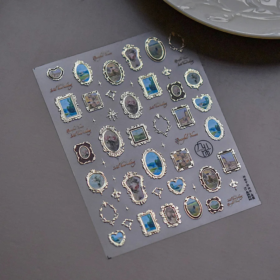 Hot Stamping Nail Stickers Japanese Retro 5D Nail Sticker Gold Frame Bronzing Jewelry Nail Art Decorations Decals DIY Supplies ﻿