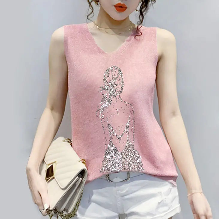 2025 Summer Hot Rhinestone Sleeveless Vest Women's Spring New Style V-neck Loose All-match Sling Knitted Top Girl T-shirt Green