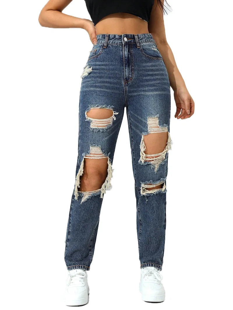Women's High Waist Ripped Denim Jeans with Distressed Knee Holes and Straight Leg Fit for Casual Streetwear Fashion