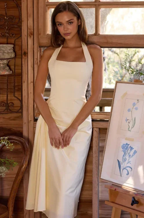 Chic Women White Ruched Waist Maxi Dress Sexy Sleeveless Halter Neck A Line Vestidos Elegant Daily New Party Street Summer Gowns