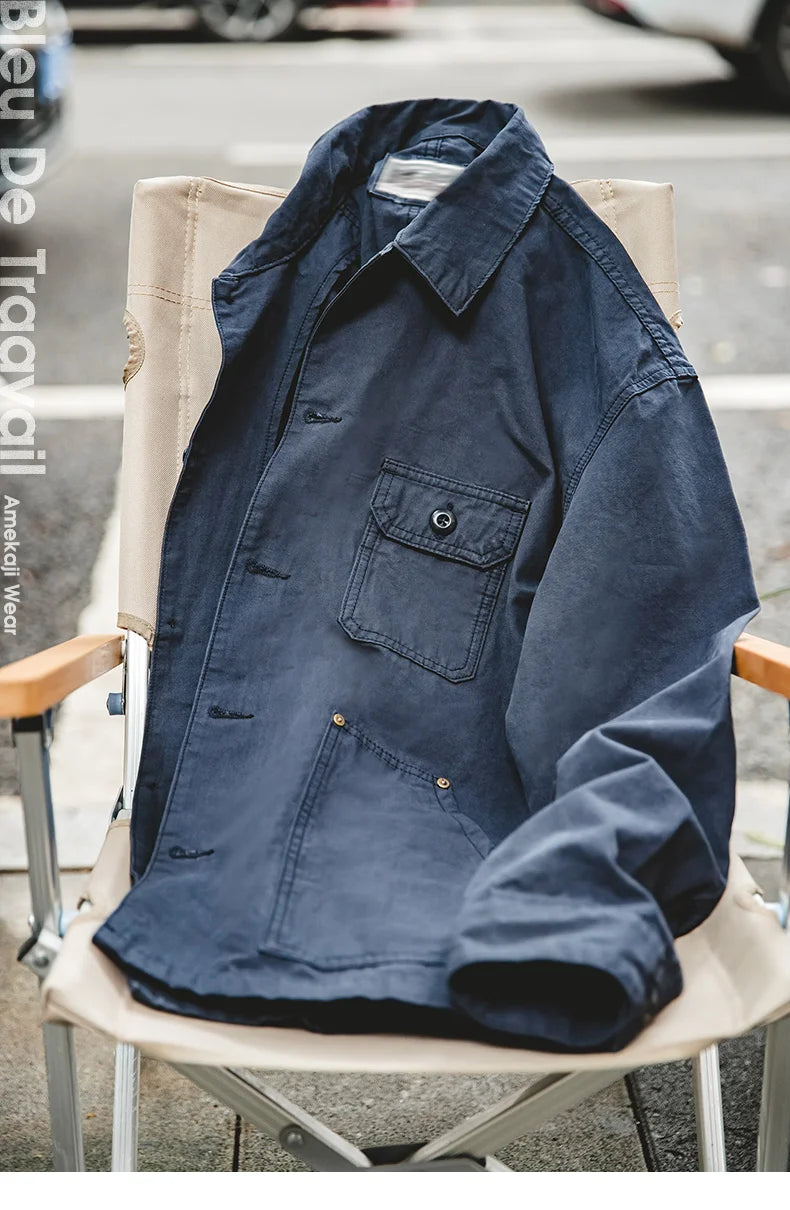 Maden Autumn Navy Blue Hunting Jacket for Men Turn-down Collar Asymmetrical Multipocket Cotton Casual Outerwear Coat Loose-fit