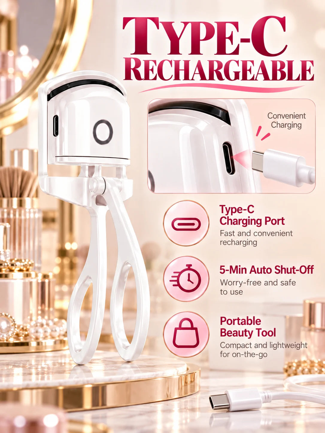 Electric Heated Eyelash Curler 2 Heat Modes Thermal Silicone Clamp Type-C Rechargeable Lash Curler 5-Min Auto Shut-Off Makeup To