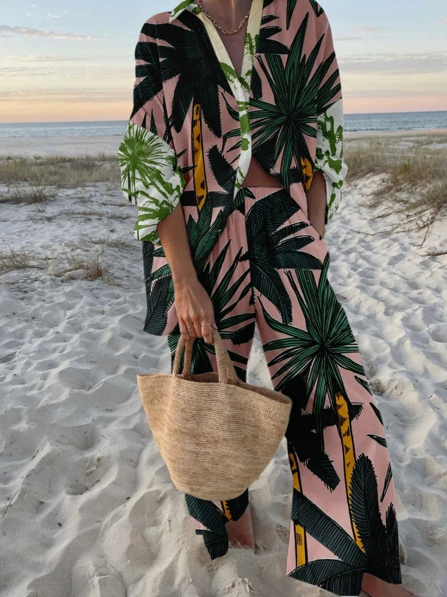 Women's Autumn Holiday Sets Outfits Fashion Print Long Sleeve Shirt Top+Wide Leg Pants 2 Pieces Set For Woman Boho Clothes New