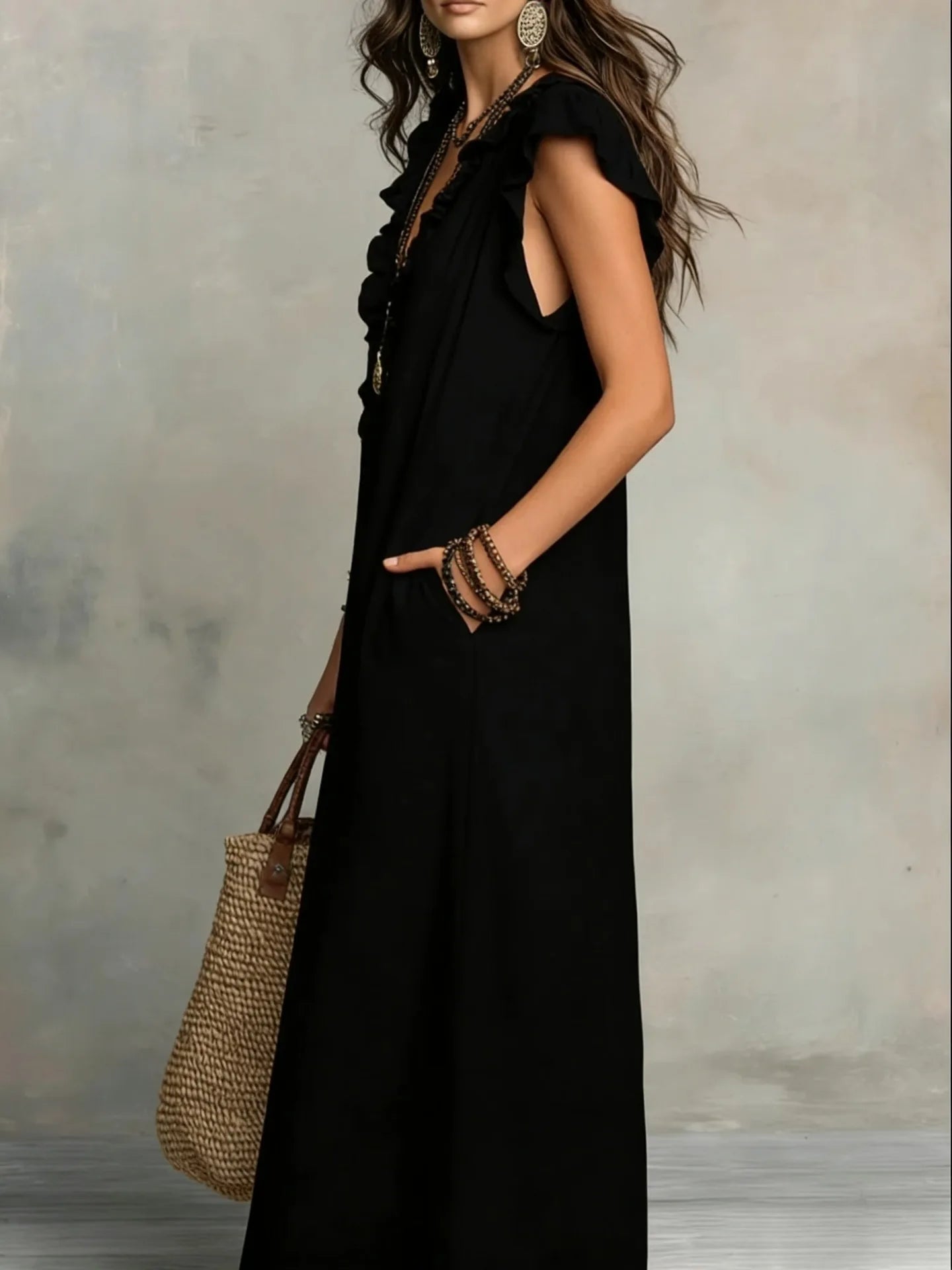 Women Spring Summer Boho Flutter Sleeve Floor Length Maxi Dress Elegant Beach Long Dress