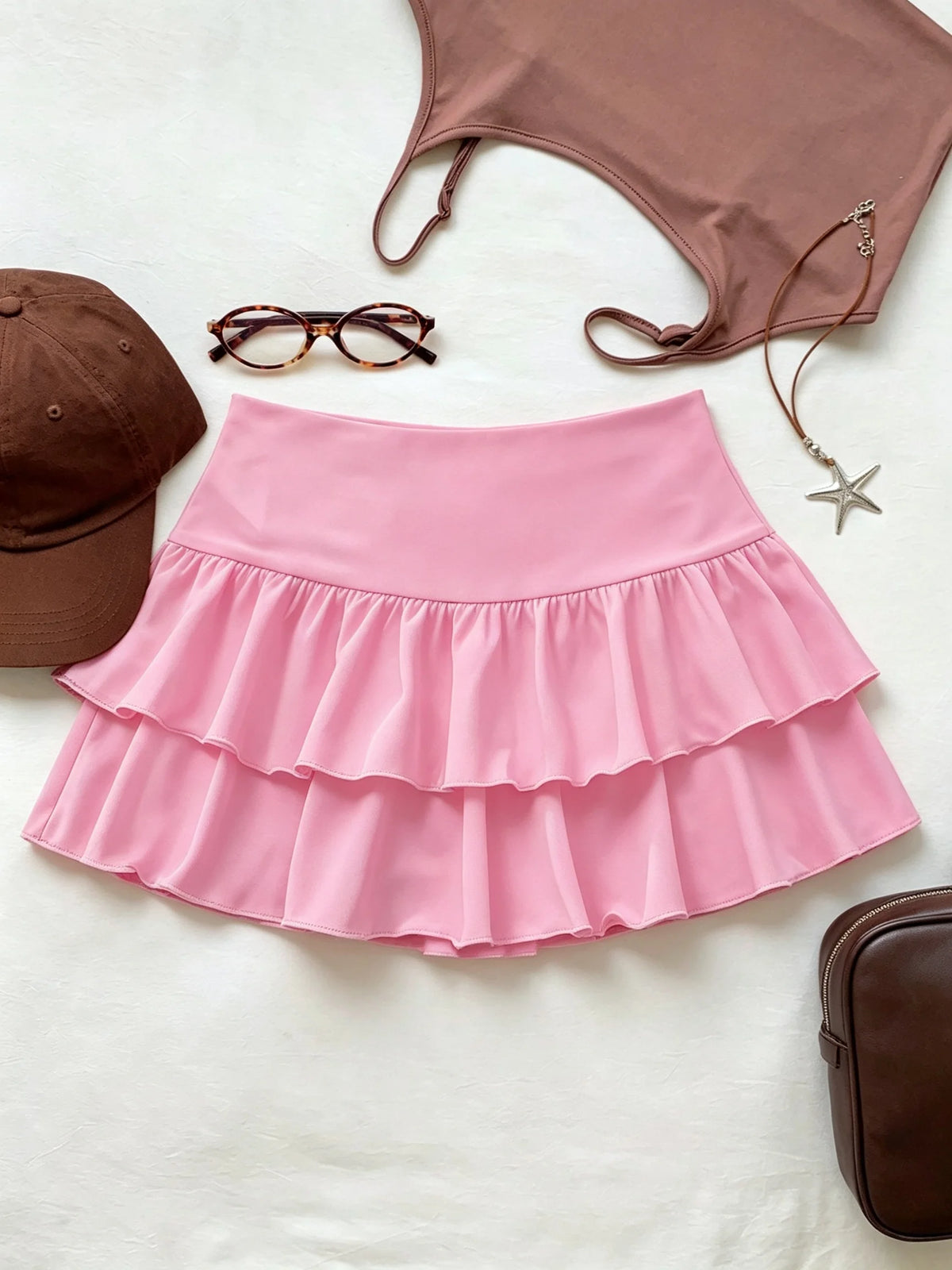 Women High Waist Ruffle Layered Mini Skirt Double Layer Tiered Short Skirt Y2K Sexy Sweet Casual Vacation Party Basic Skirt