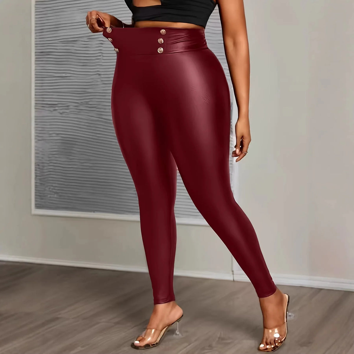 Plus Size Buttoned Slimming High-Waisted PU Leather Pants for Women