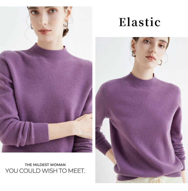 First-Line Seamless Women's Half-Turtleneck 100% Pure Wool Sweater Solid Color Long Sleeve Pullover Knitted Bottoming Sweater
