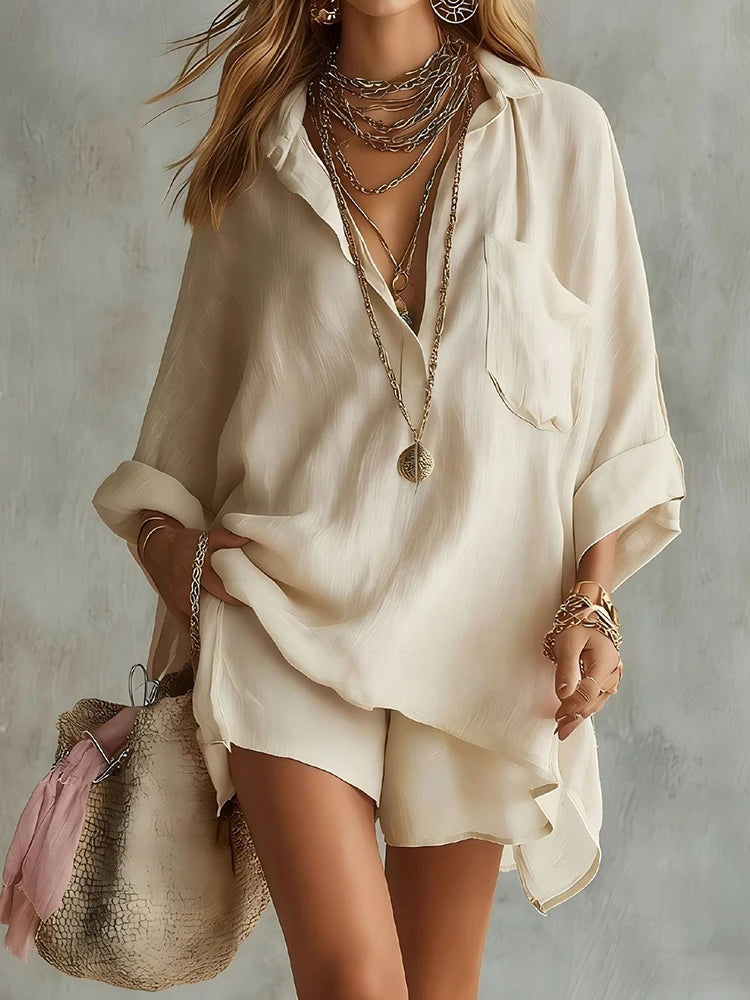Women Spring Summer Casual Lapel V Neck Shirt Top And Shorts Two-Piece Sets Elegant Holiday Outfits Solid Ladies 2PC Loose Suits