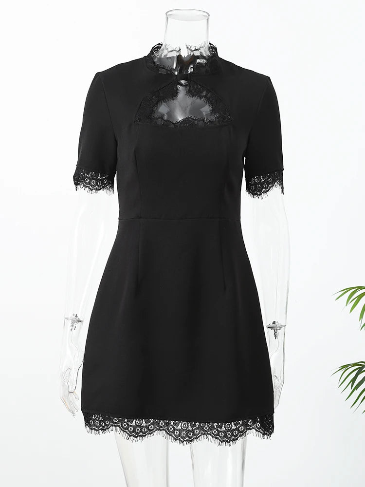 Black Lace Trim Hollow Out Mini Dress Women A-line Turtleneck Waist Cinched Short Sleeve Vestidos 2026 Lady Daily Party Gown