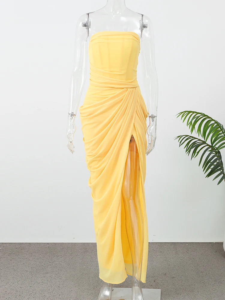 Sexy Women Solid Pleated Strapless Chic Dress Lady V-neck Off-shoulder Backless High Waist Split Vestido 2026 Evening Party Gown