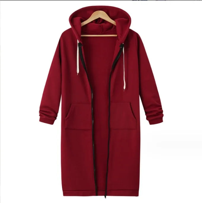 Autumn Winter Women's Hooded Long Sleeve Mid-Length Sweatshirt Fleece Jacket Comfortable Casual Style Polyester Fabric
