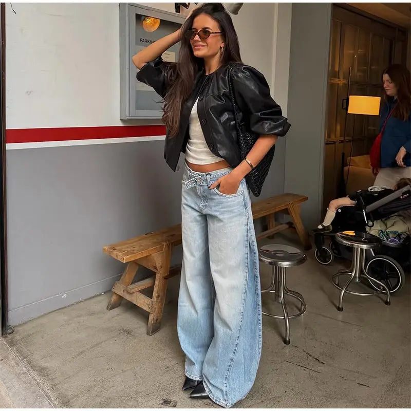 2026 Spring Low Waist Pleated Wide Leg Jeans Light Wash Raw Edge Double Waistband Casual Women Pants Trendy Y2K Lady Trousers