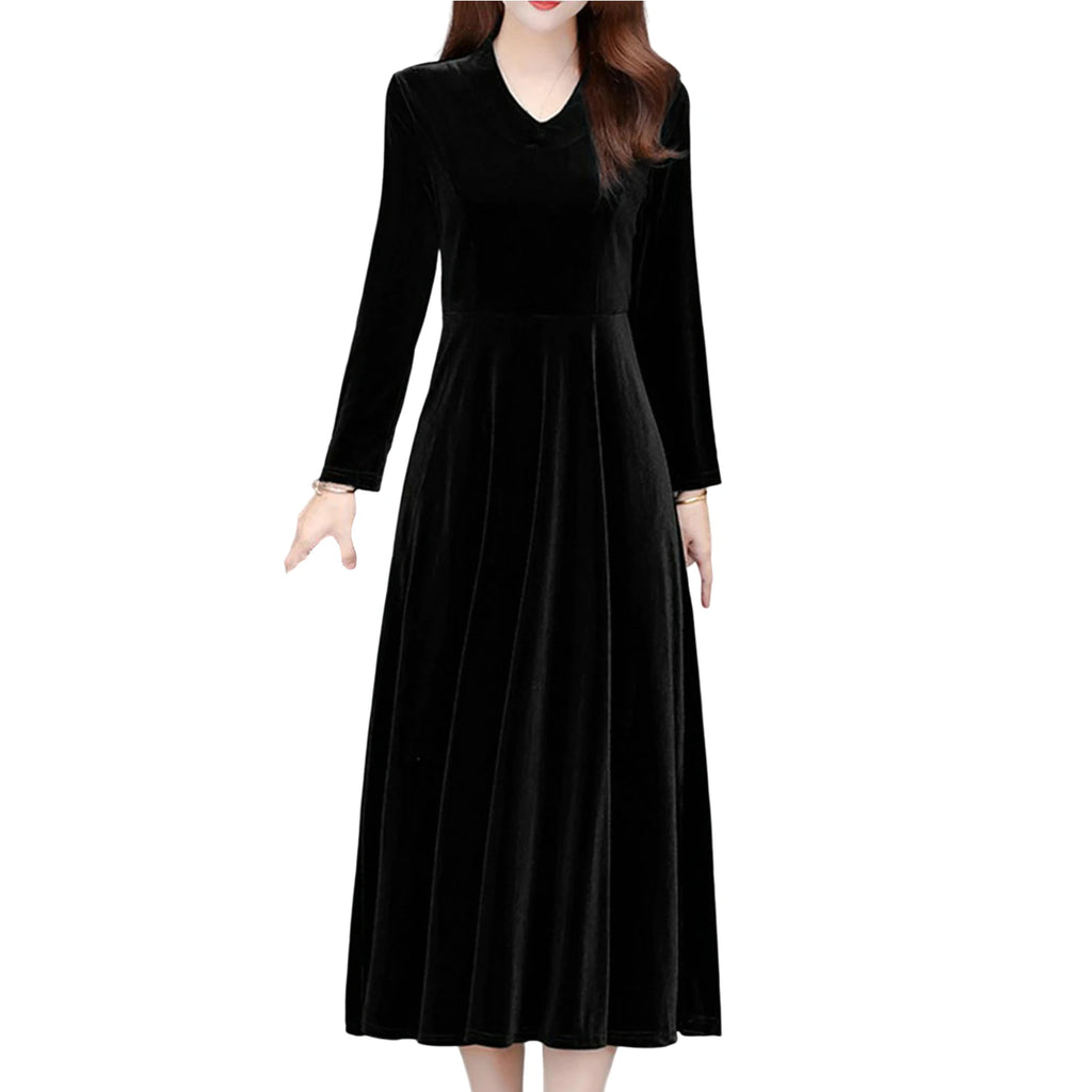 Women Fall Dress Solid Color Loose Long Sleeves Button Maxi Dress Keep Warm Velvet Mom Spring Dress Women Clothes