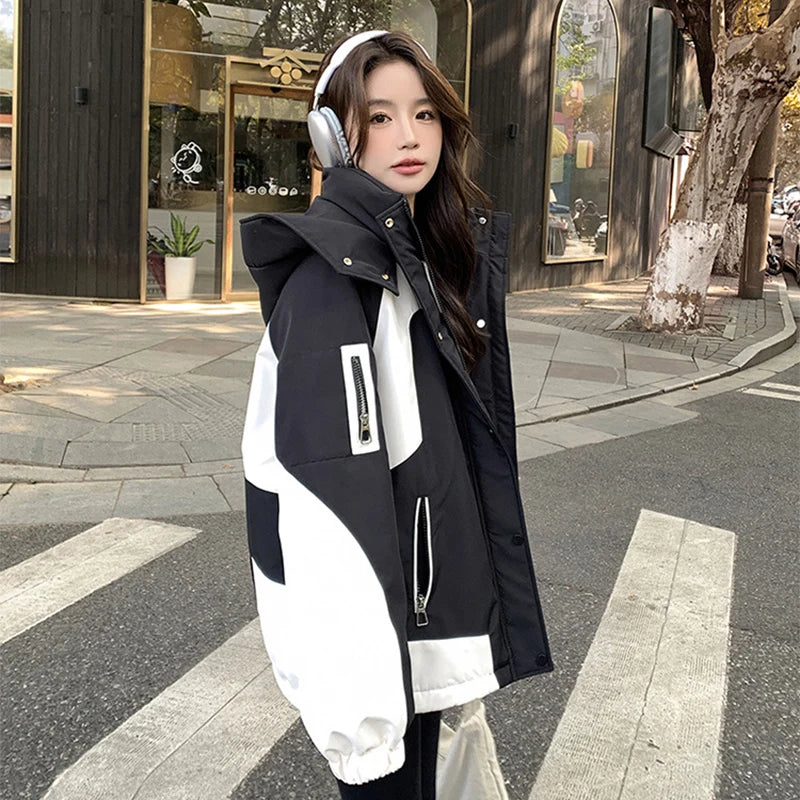Black and White Patchwork Women Autumn Hiking Jacket Winter Winderproof Warm Hooded Coat Korean Zip Up Streetwear Couple Jackets